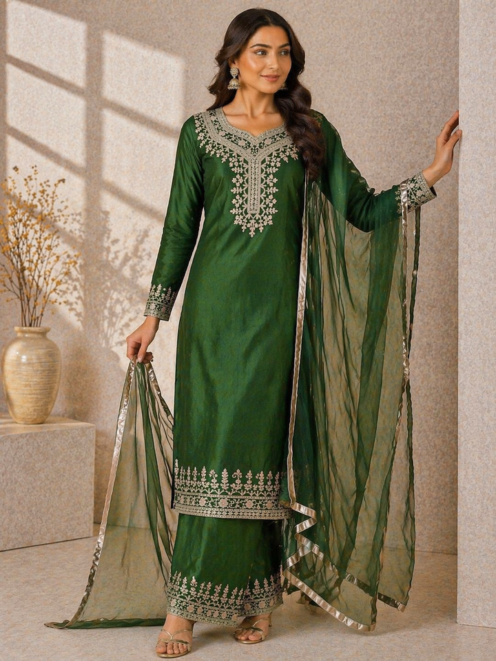 Olive Green Katan Silk Kurti Set with Palazzo & Net Dupatta