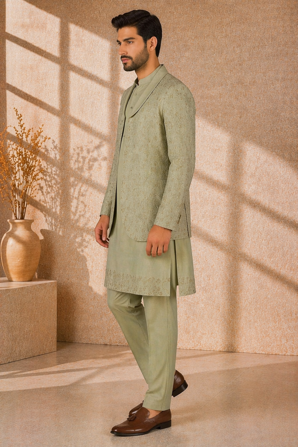 Mint Green Katan Silk Kurta Set with Jacket