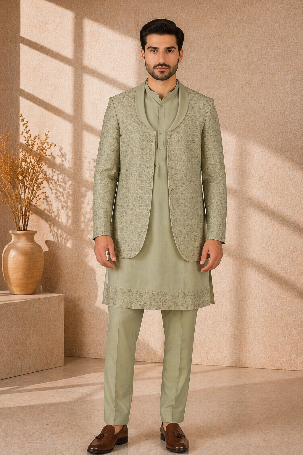 Mint Green Katan Silk Kurta Set with Jacket