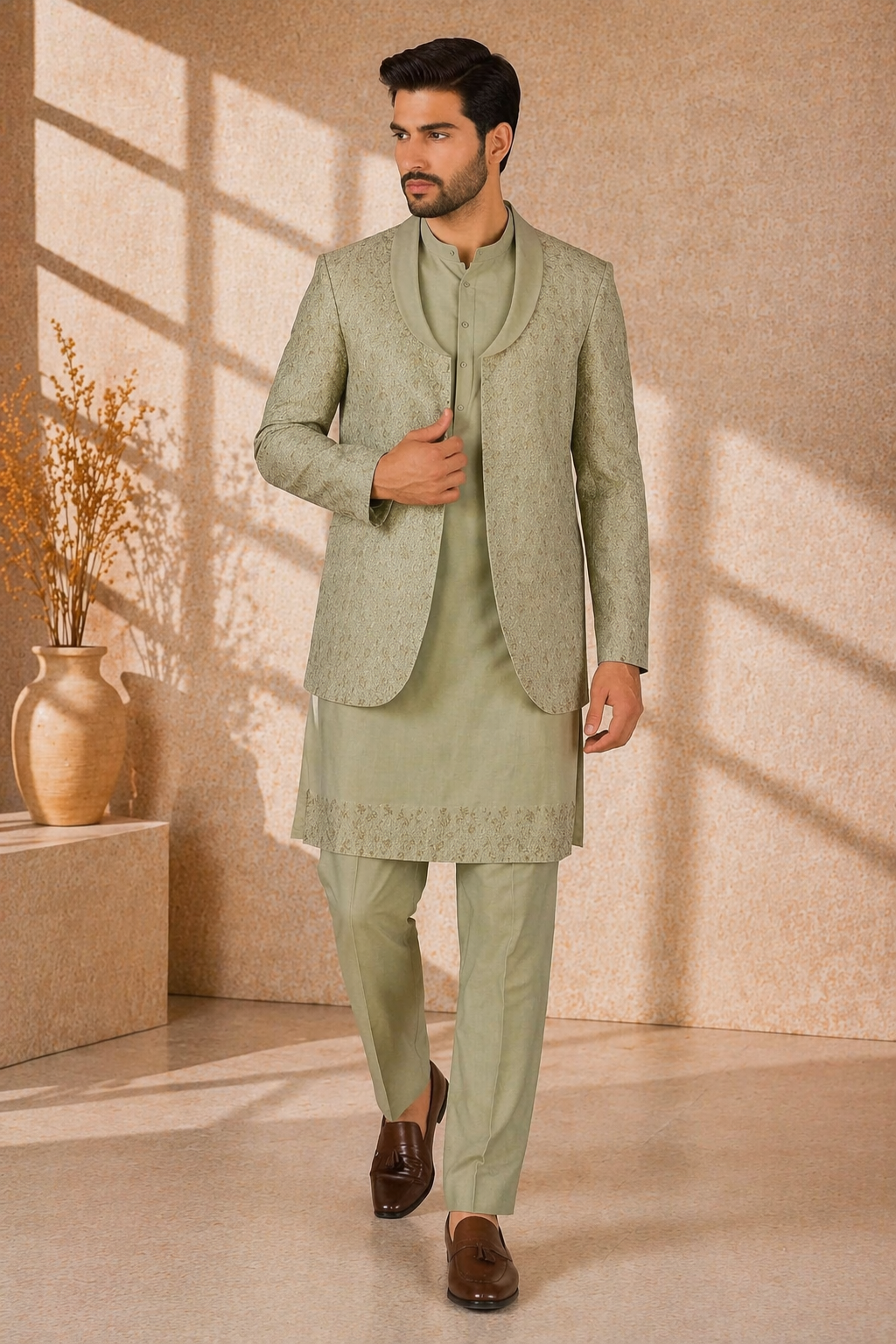 Mint Green Katan Silk Kurta Set with Jacket