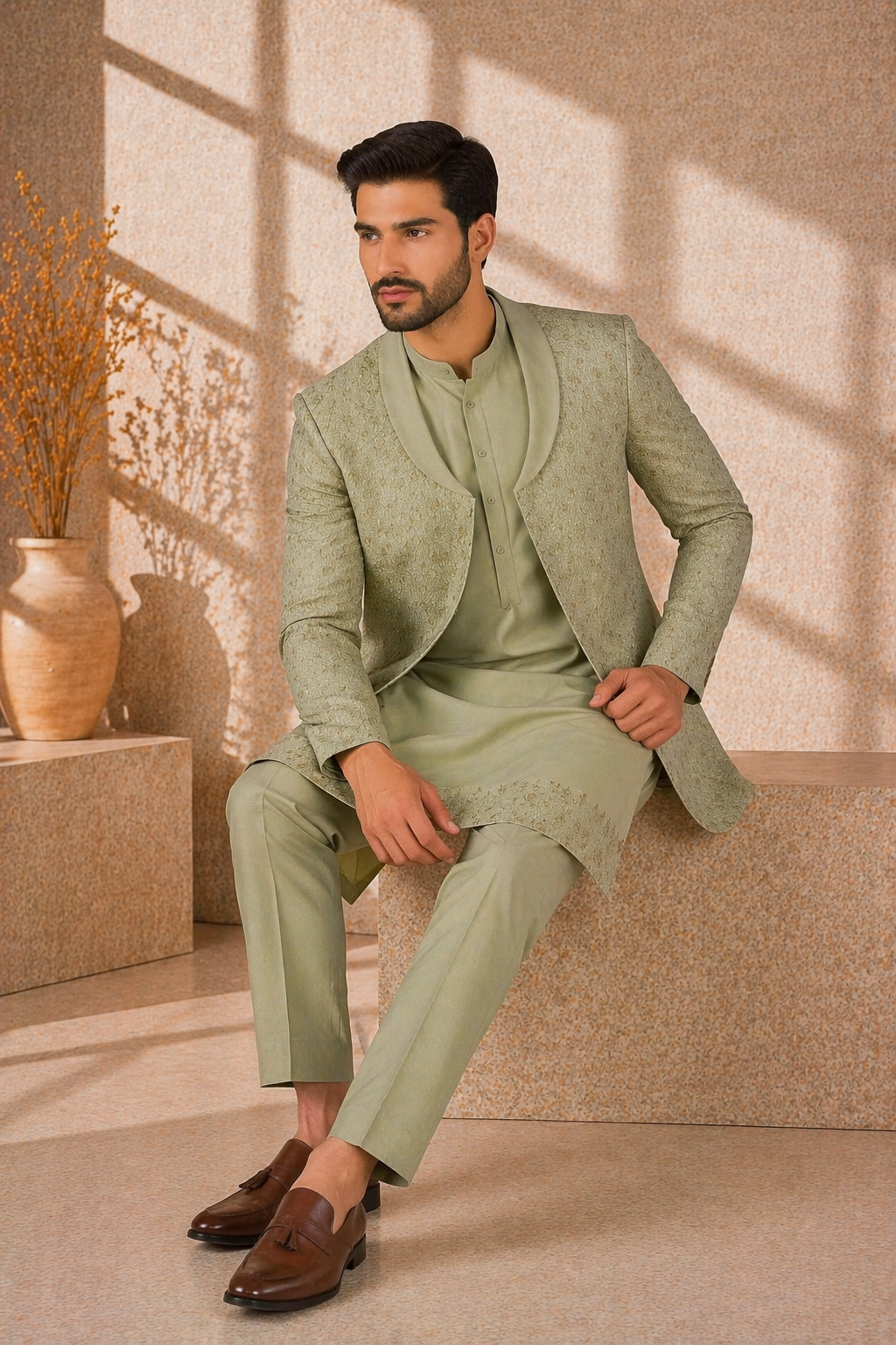 Mint Green Katan Silk Kurta Set with Jacket