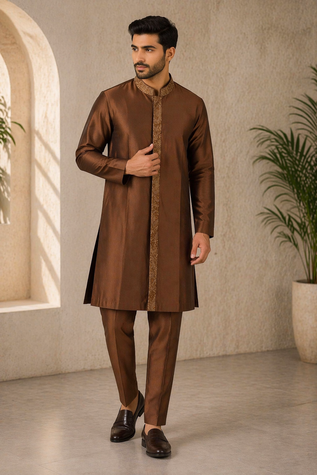 Rust Gold Katan Silk Kurta Set with Pant