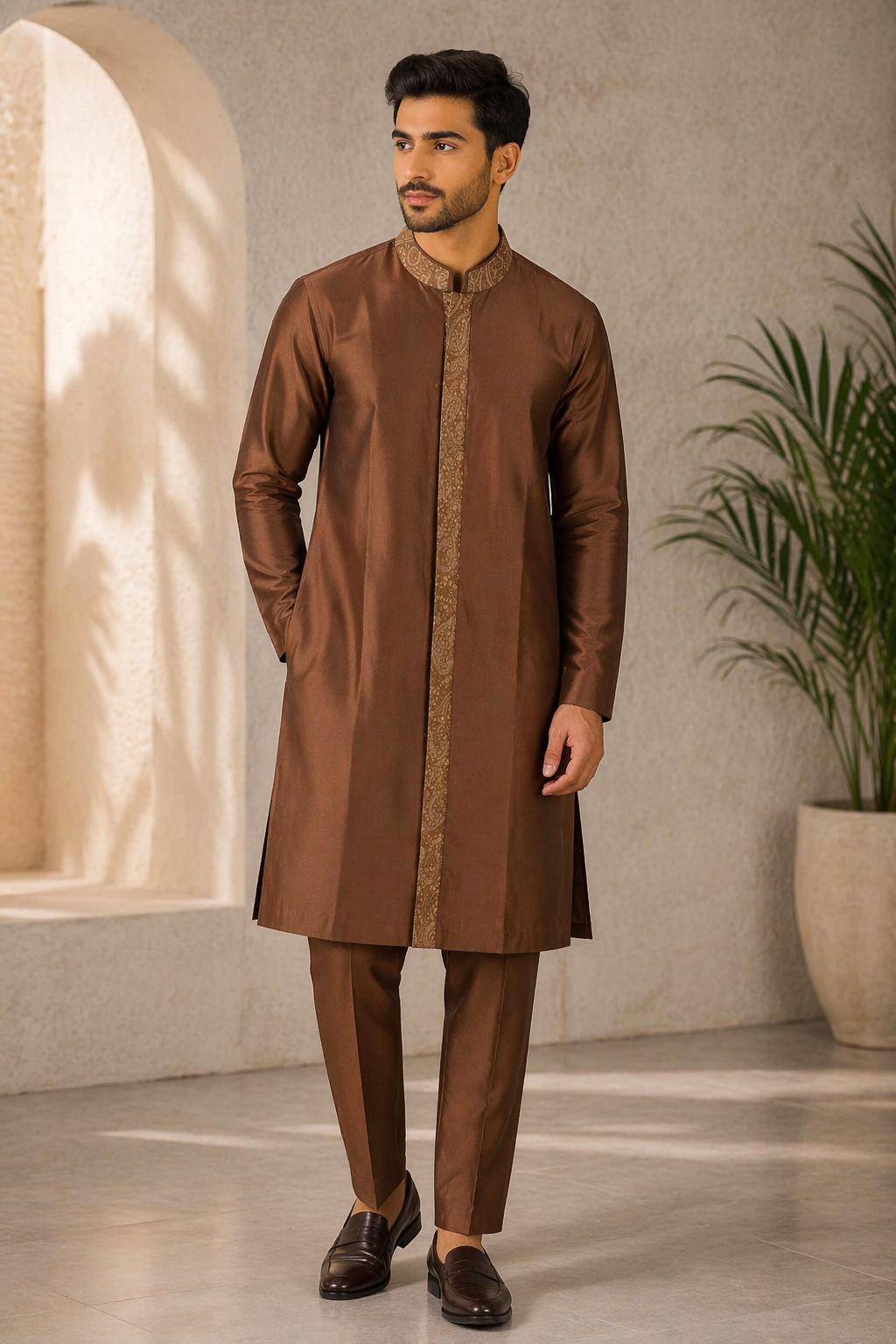 Rust Gold Katan Silk Kurta Set with Pant