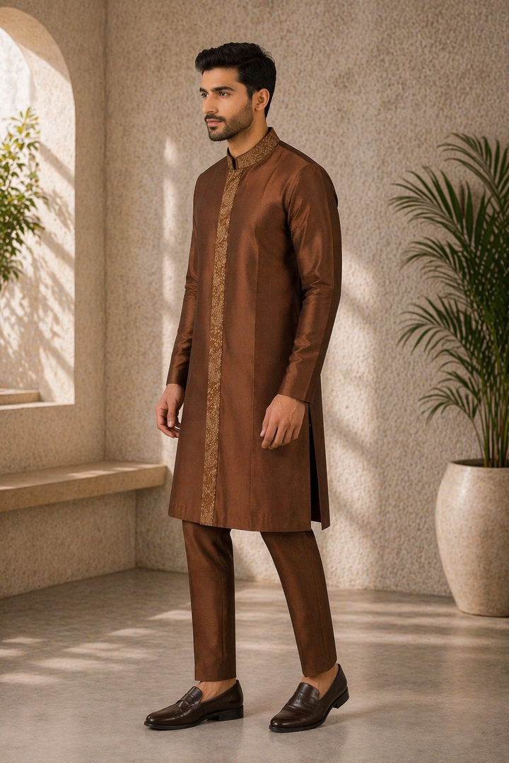 Rust Gold Katan Silk Kurta Set with Pant