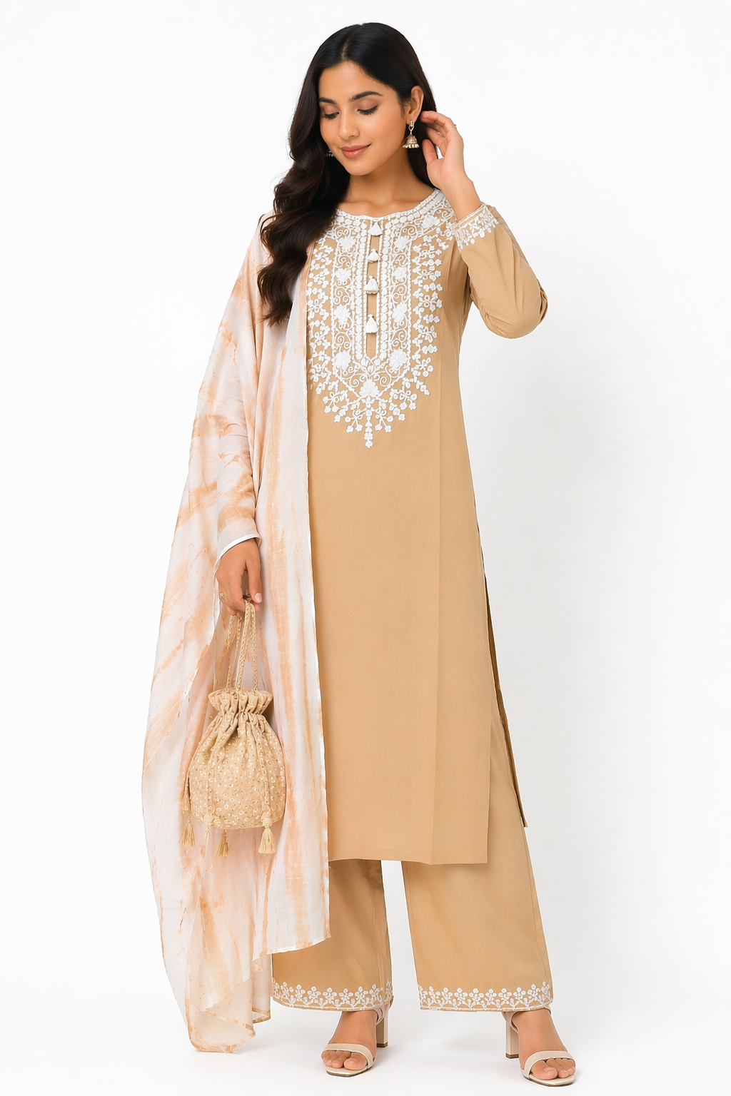 Beige Katan Silk Kurti Set with Palazzo & Tie-Dye Chanderi Dupatta