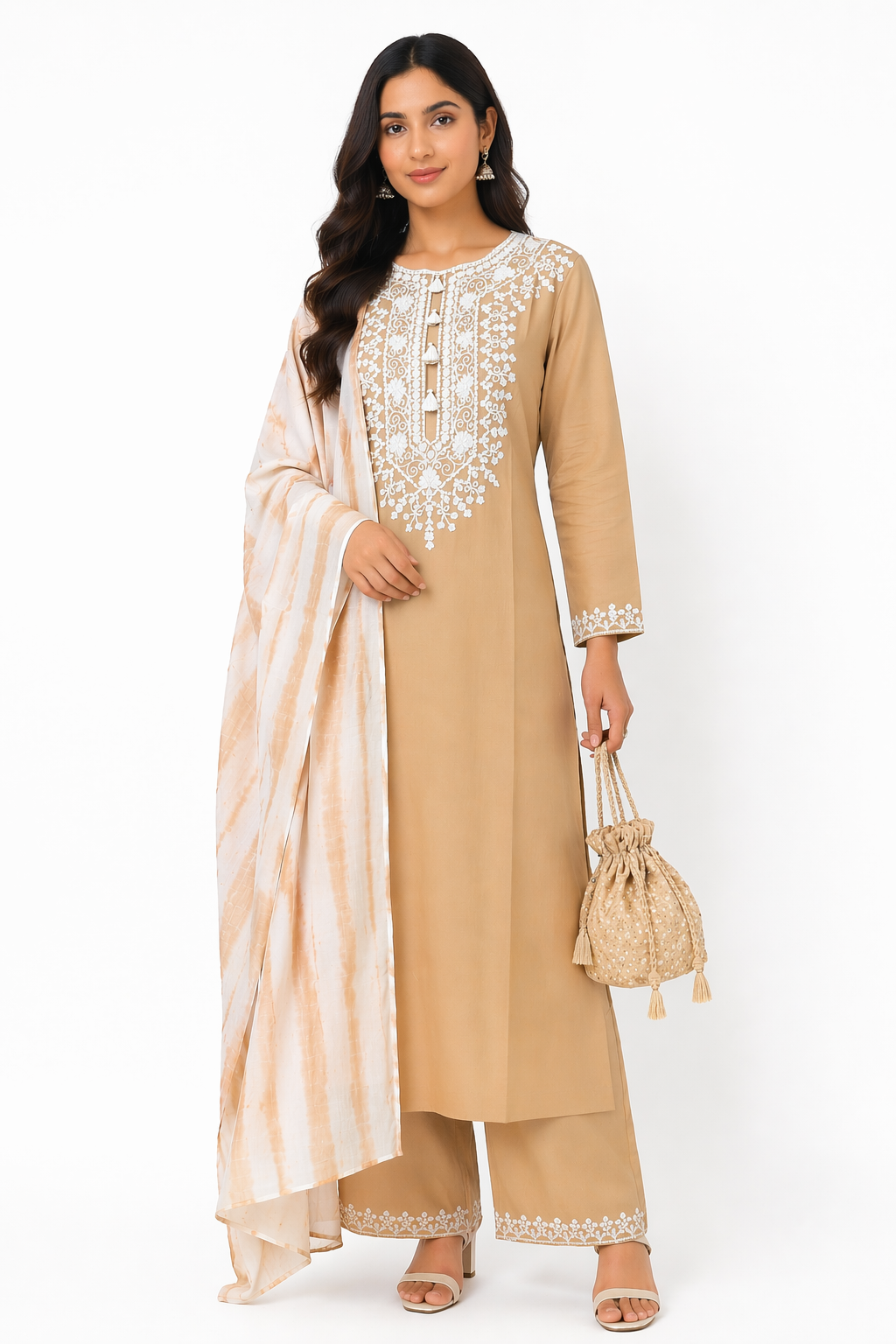 Beige Katan Silk Kurti Set with Palazzo & Tie-Dye Chanderi Dupatta