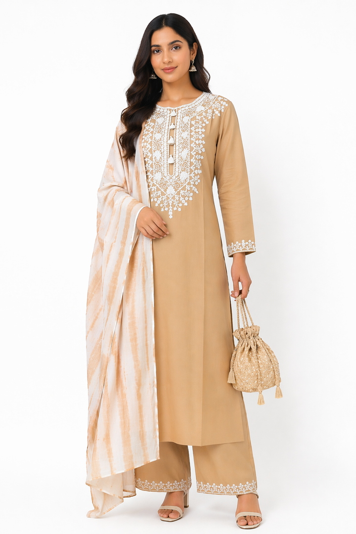 Beige Katan Silk Kurti Set with Palazzo & Tie-Dye Chanderi Dupatta