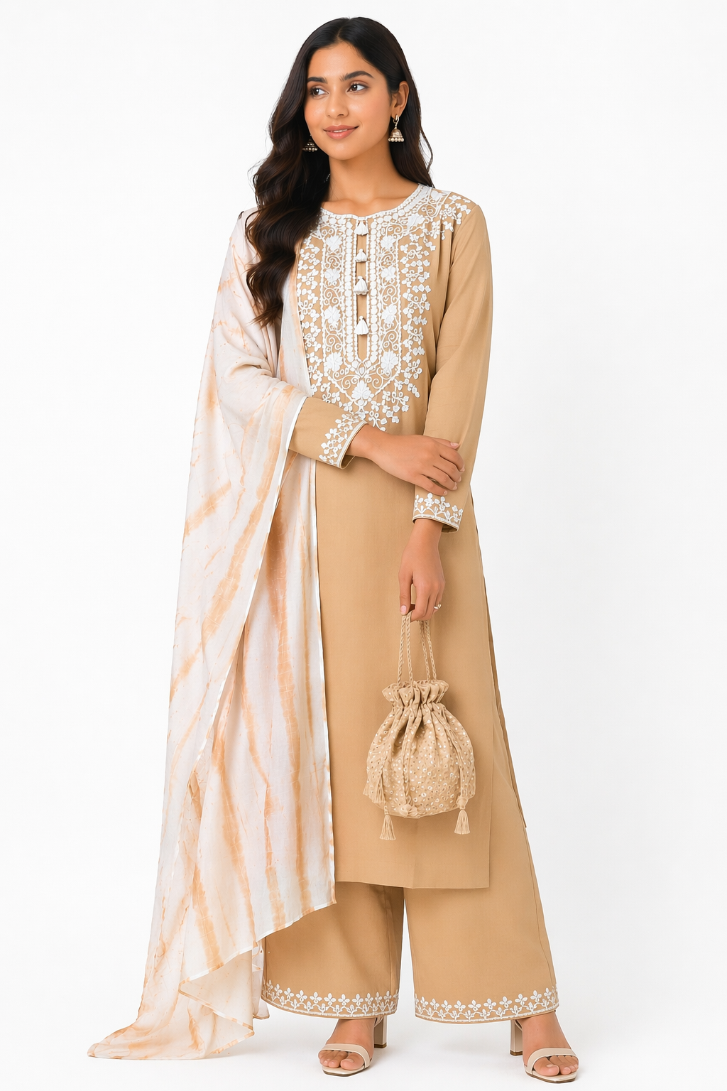 Beige Katan Silk Kurti Set with Palazzo & Tie-Dye Chanderi Dupatta
