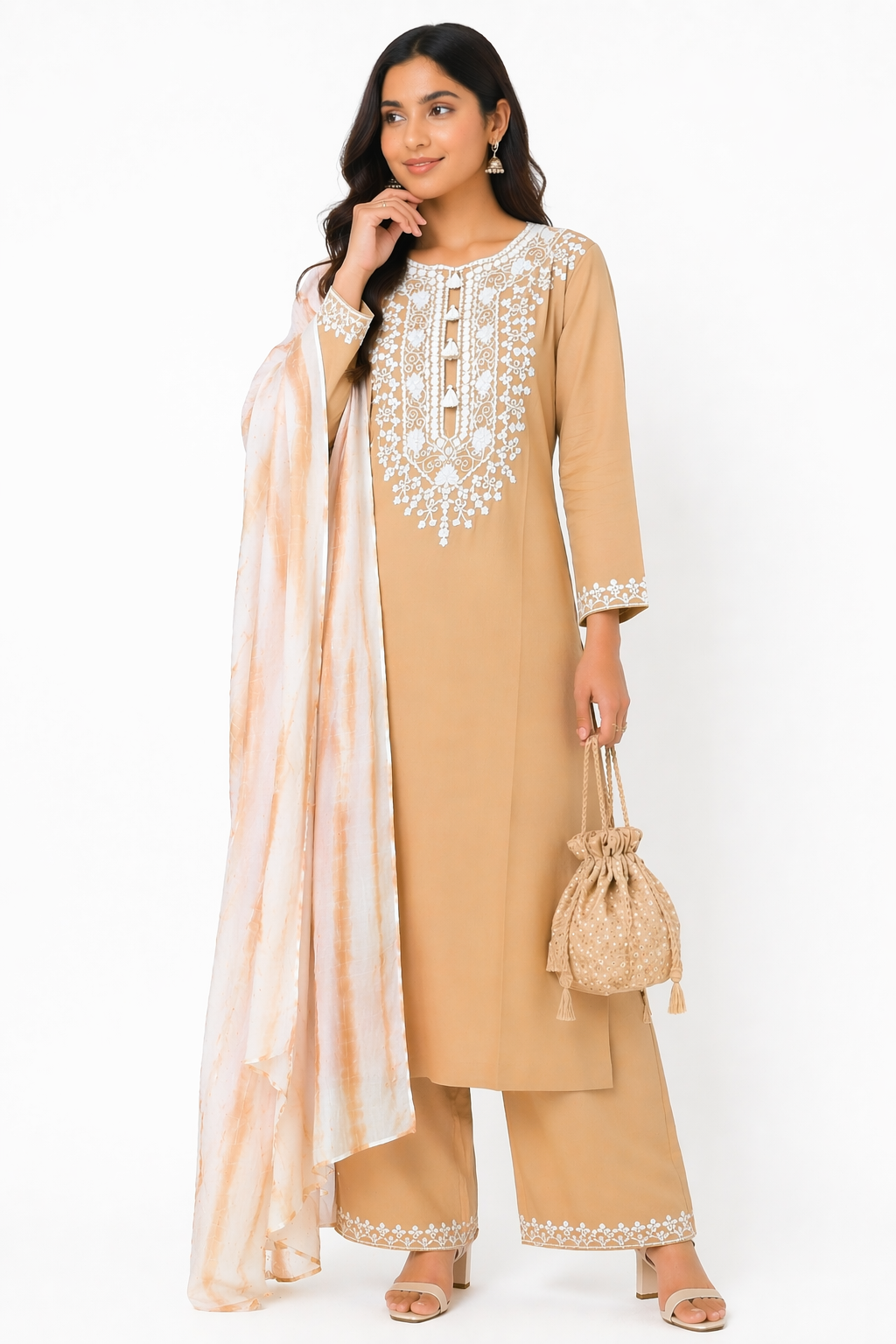Beige Katan Silk Kurti Set with Palazzo & Tie-Dye Chanderi Dupatta