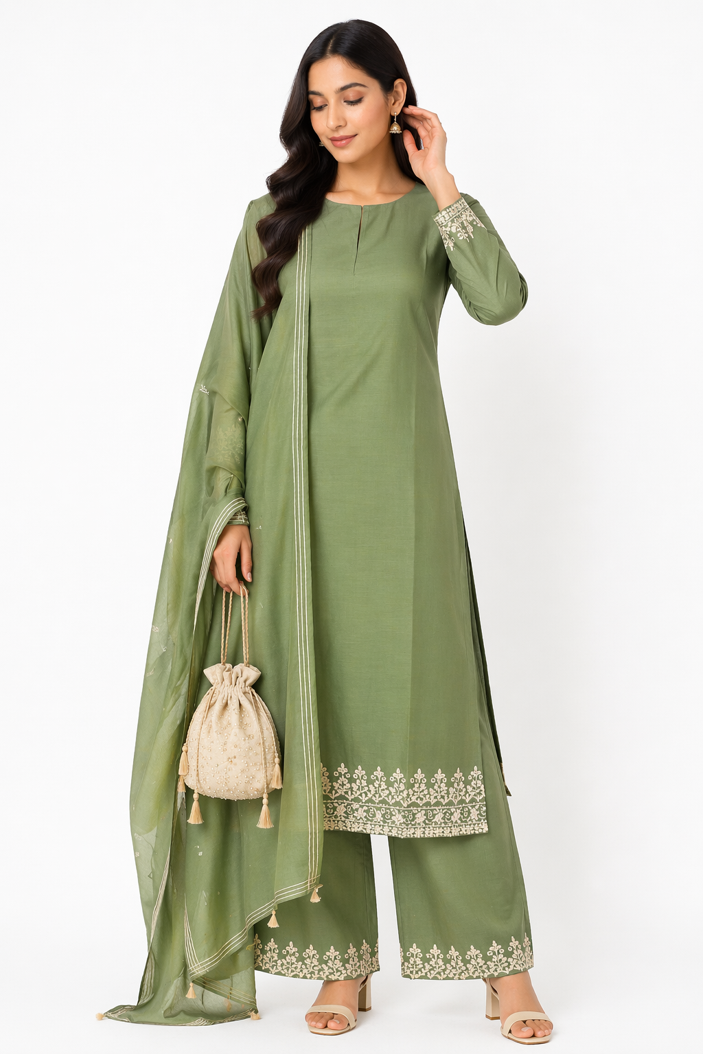 Olive Green Katan Silk Kurti Set with Palazzo & Chanderi Dupatta