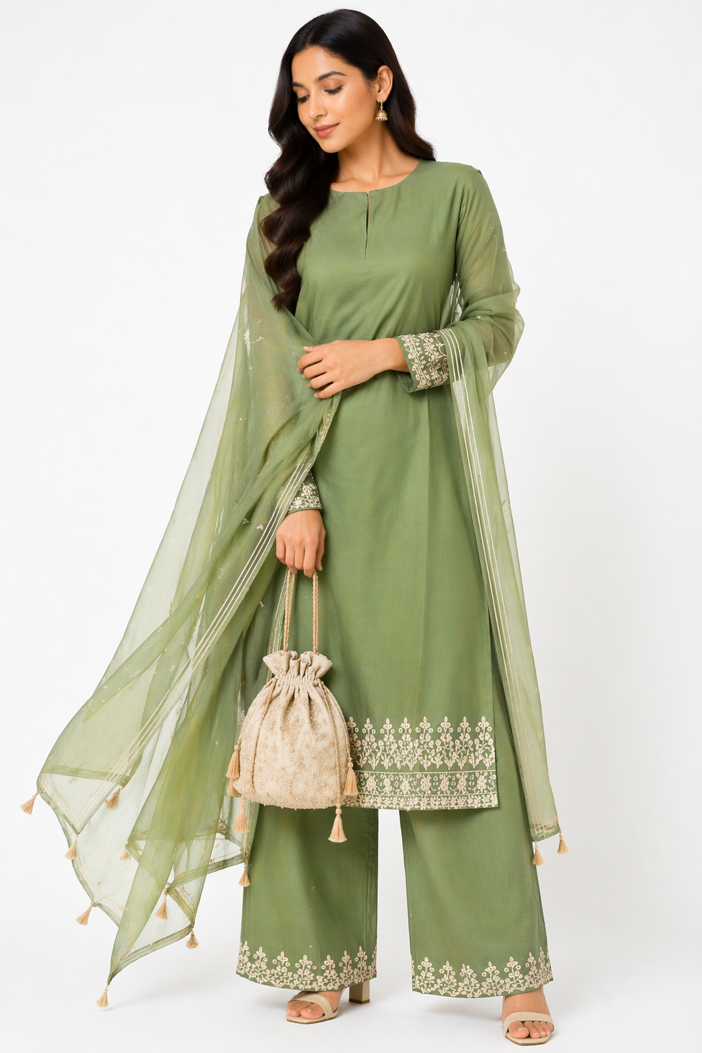 Olive Green Katan Silk Kurti Set with Palazzo & Chanderi Dupatta