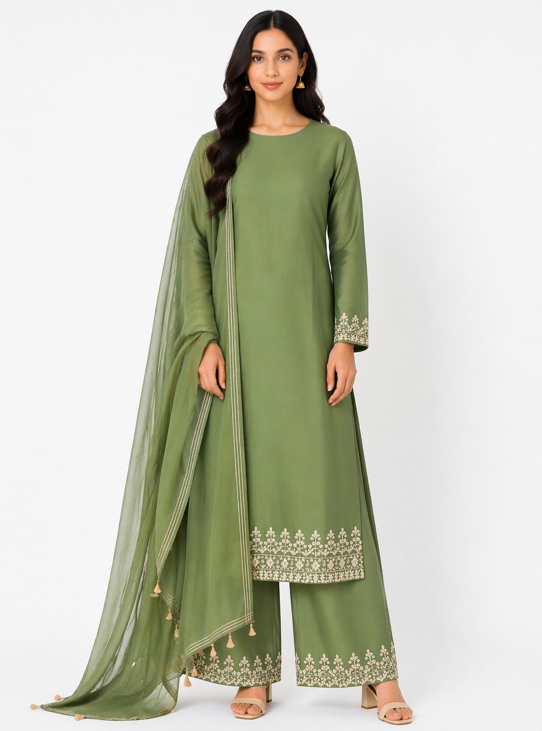Olive Green Katan Silk Kurti Set with Palazzo & Chanderi Dupatta