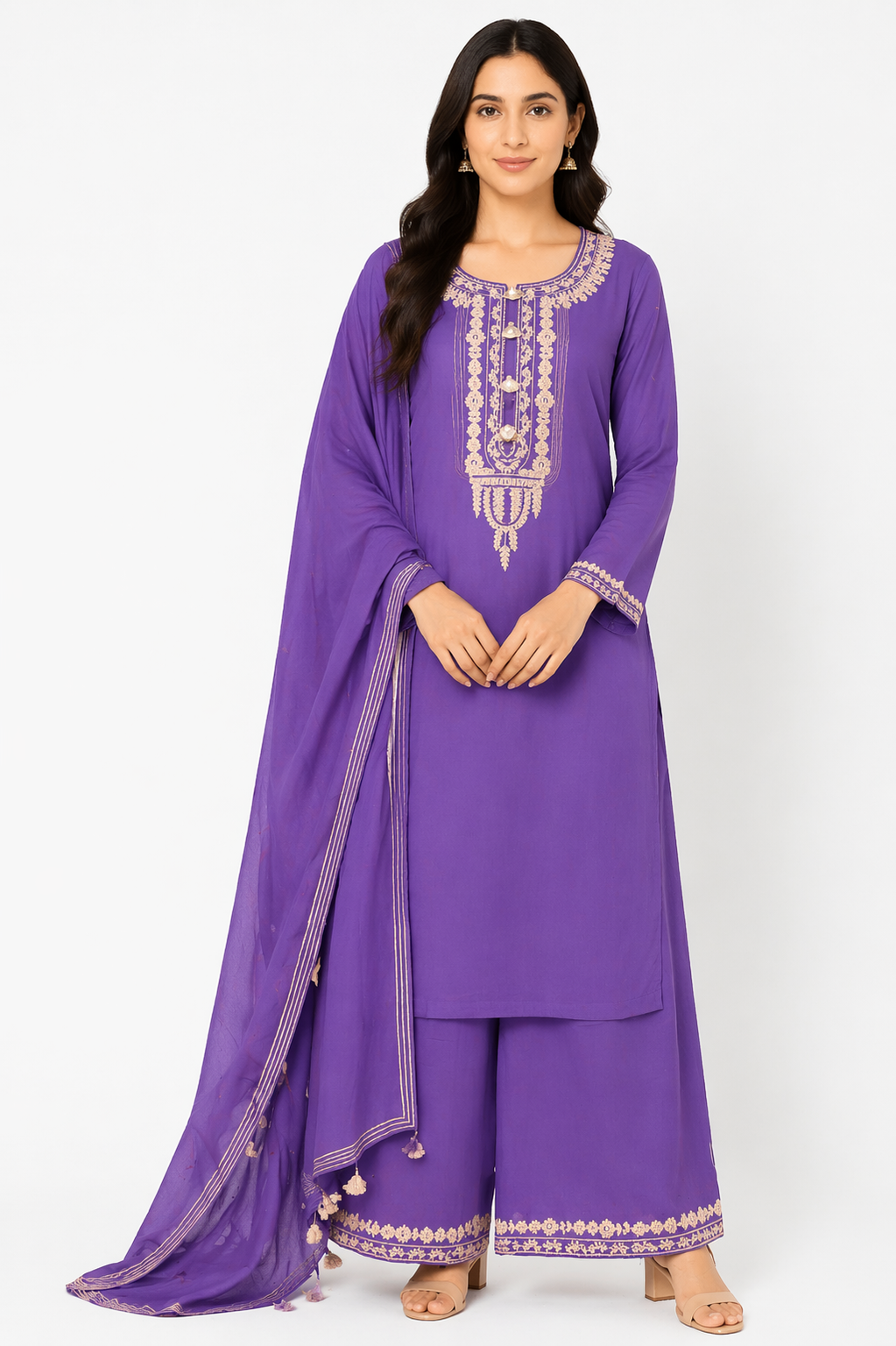 Purple Katan Silk Kurti Set with Palazzo & Chanderi Dupatta