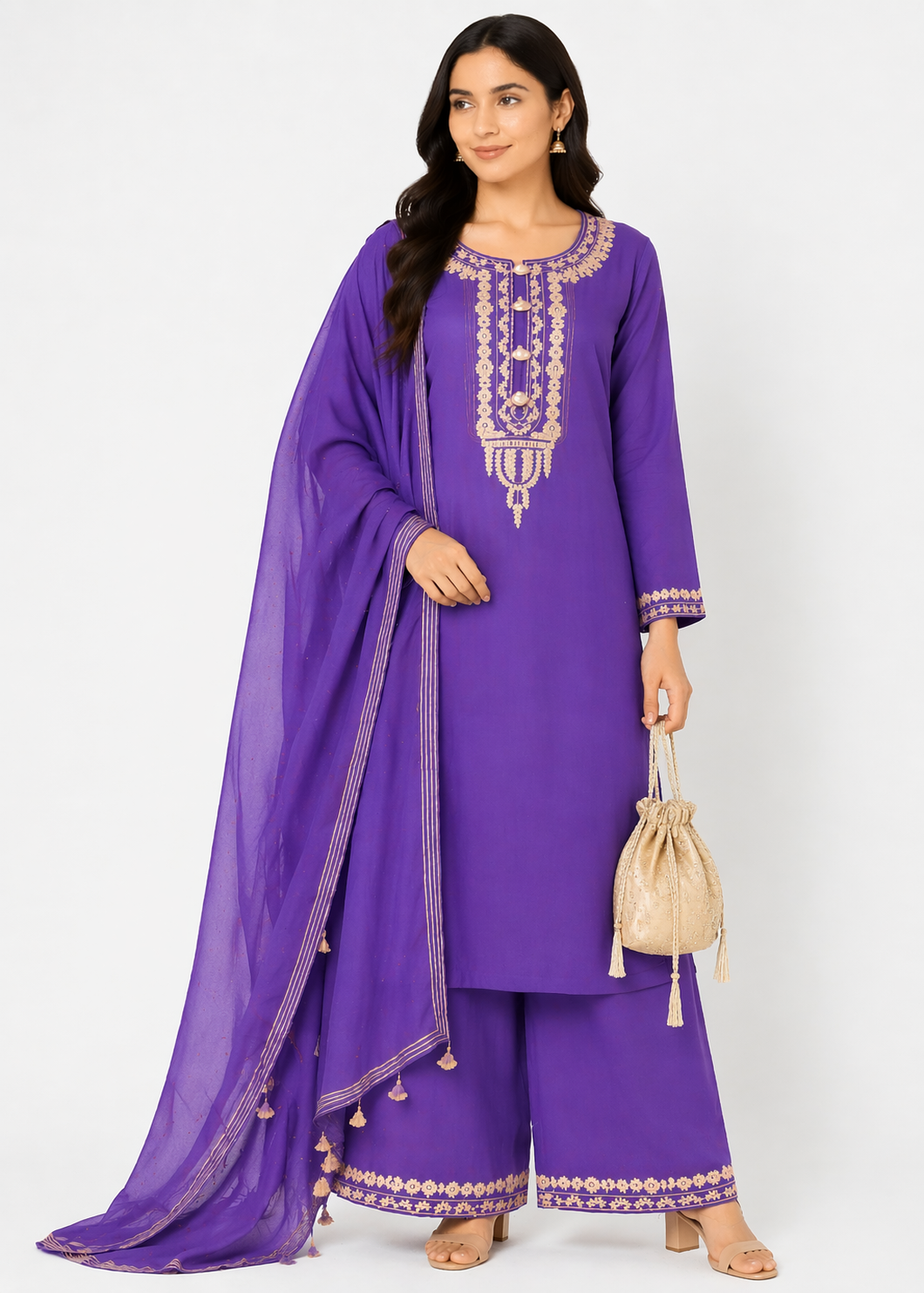 Purple Katan Silk Kurti Set with Palazzo & Chanderi Dupatta