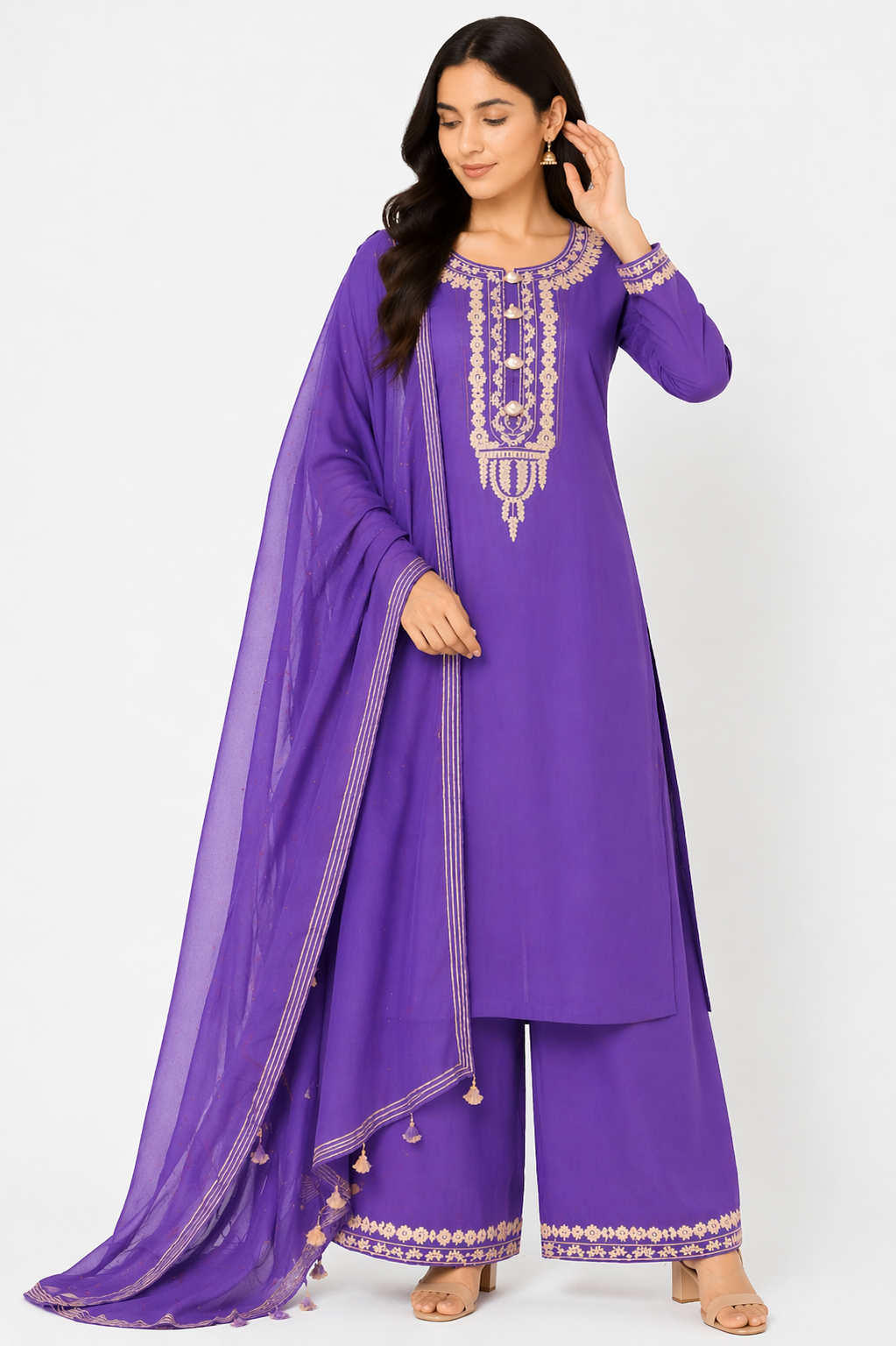 Purple Katan Silk Kurti Set with Palazzo & Chanderi Dupatta