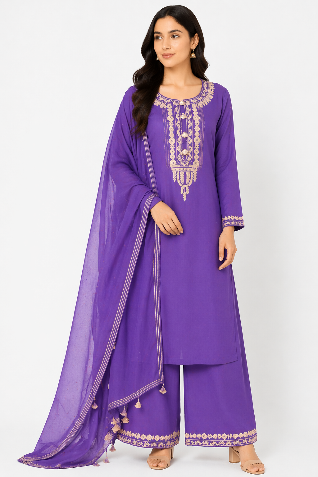 Purple Katan Silk Kurti Set with Palazzo & Chanderi Dupatta