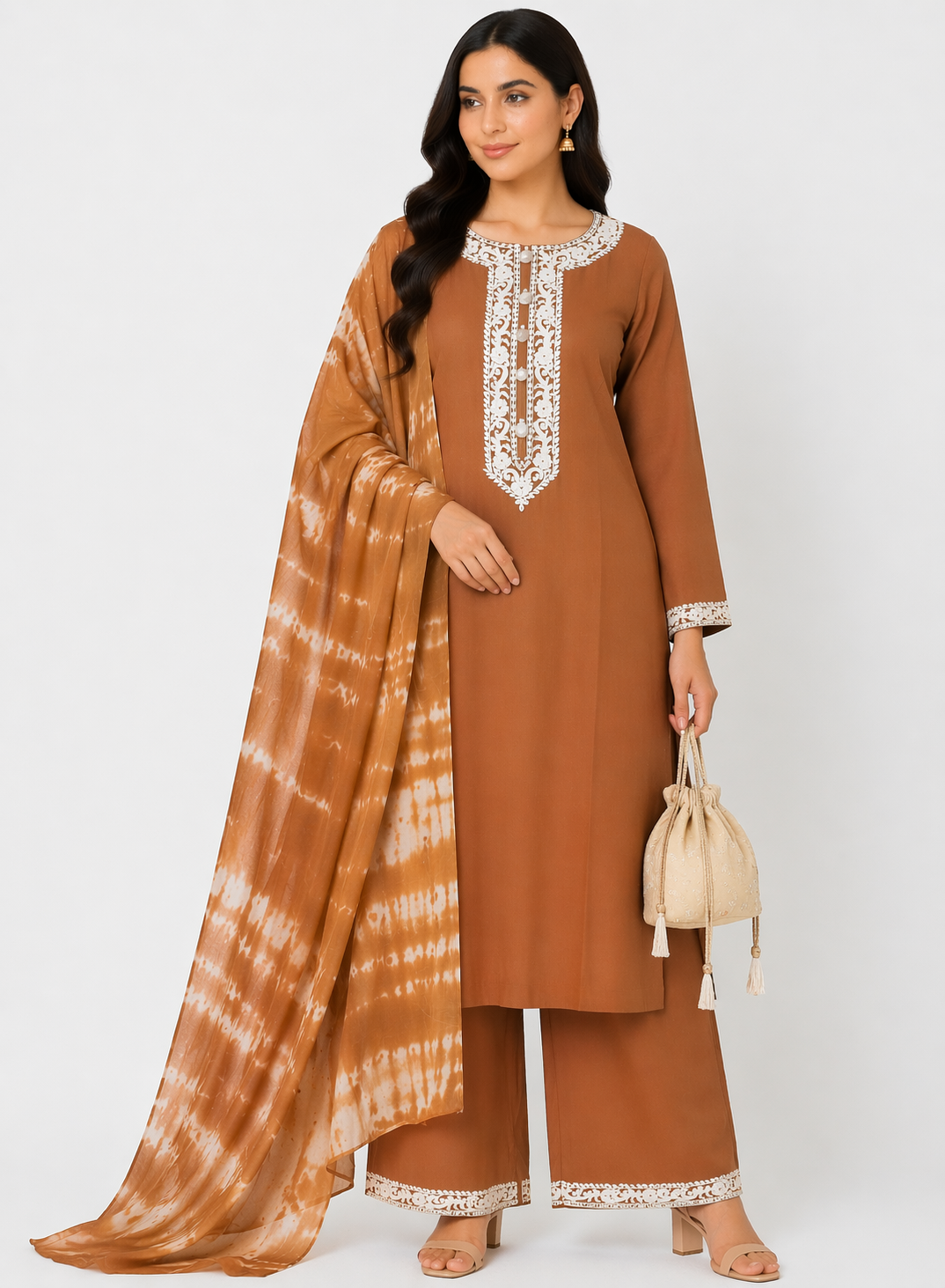 Rust Gold Katan Silk Kurti Set with Pant & Chanderi Dupatta