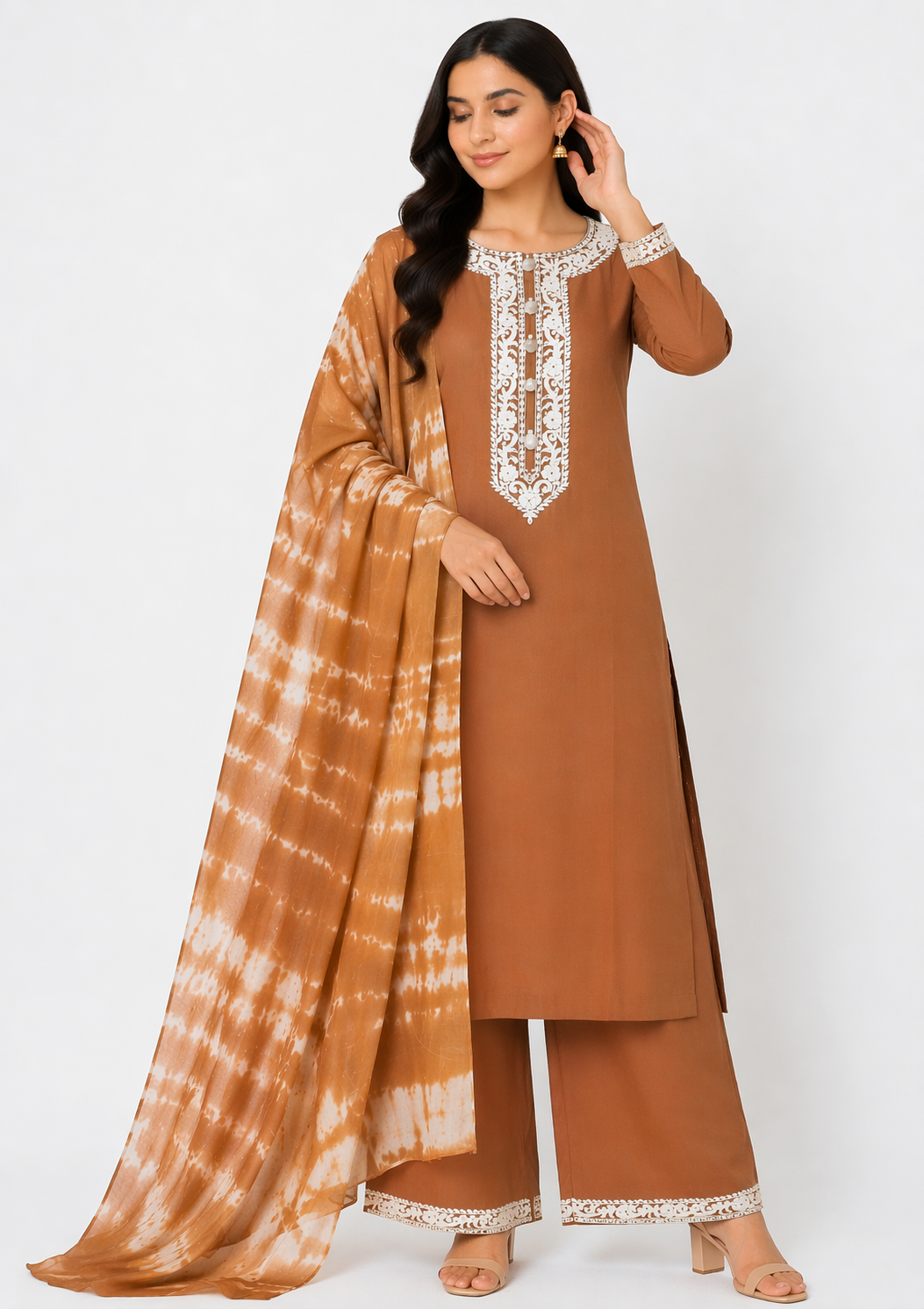 Rust Gold Katan Silk Kurti Set with Pant & Chanderi Dupatta