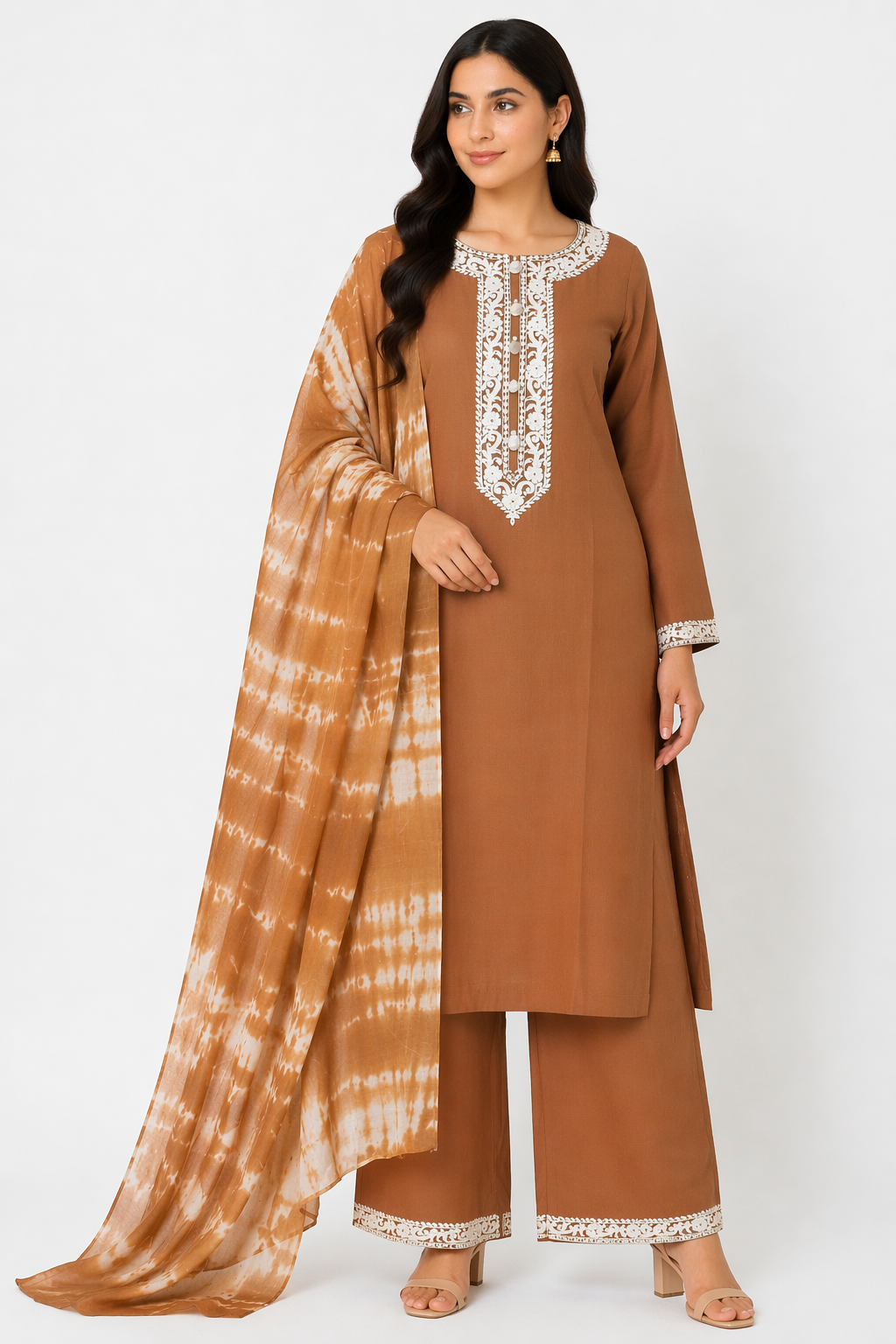 Rust Gold Katan Silk Kurti Set with Pant & Chanderi Dupatta