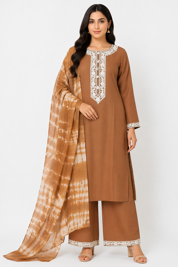 Rust Gold Katan Silk Kurti Set with Pant & Chanderi Dupatta