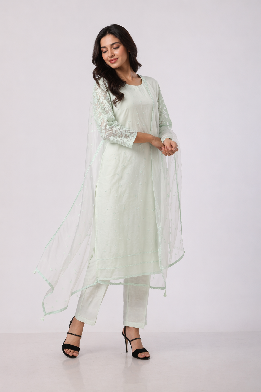 Aqua Dola Silk Kurta Set with Net Dupatta