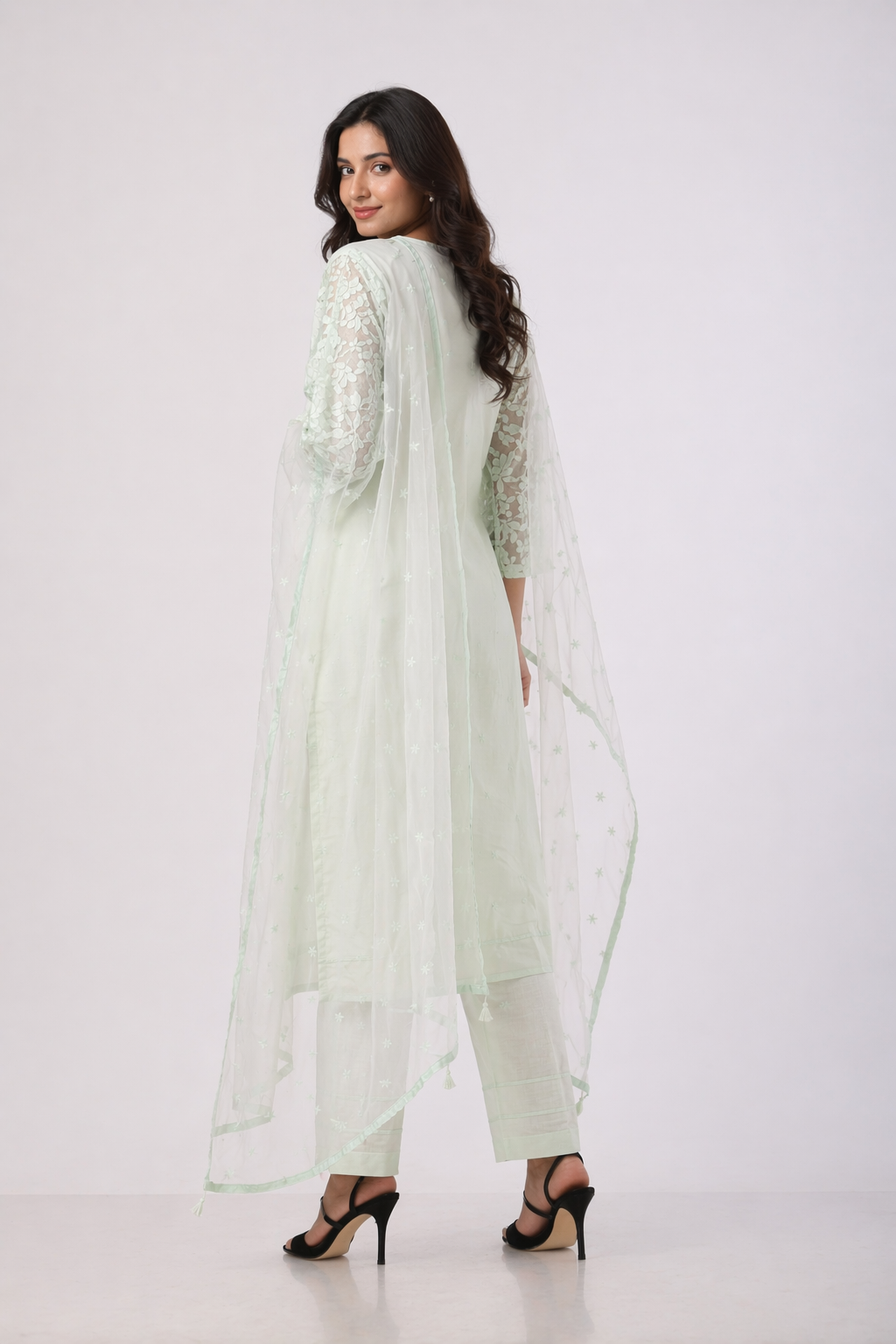 Aqua Dola Silk Kurta Set with Net Dupatta