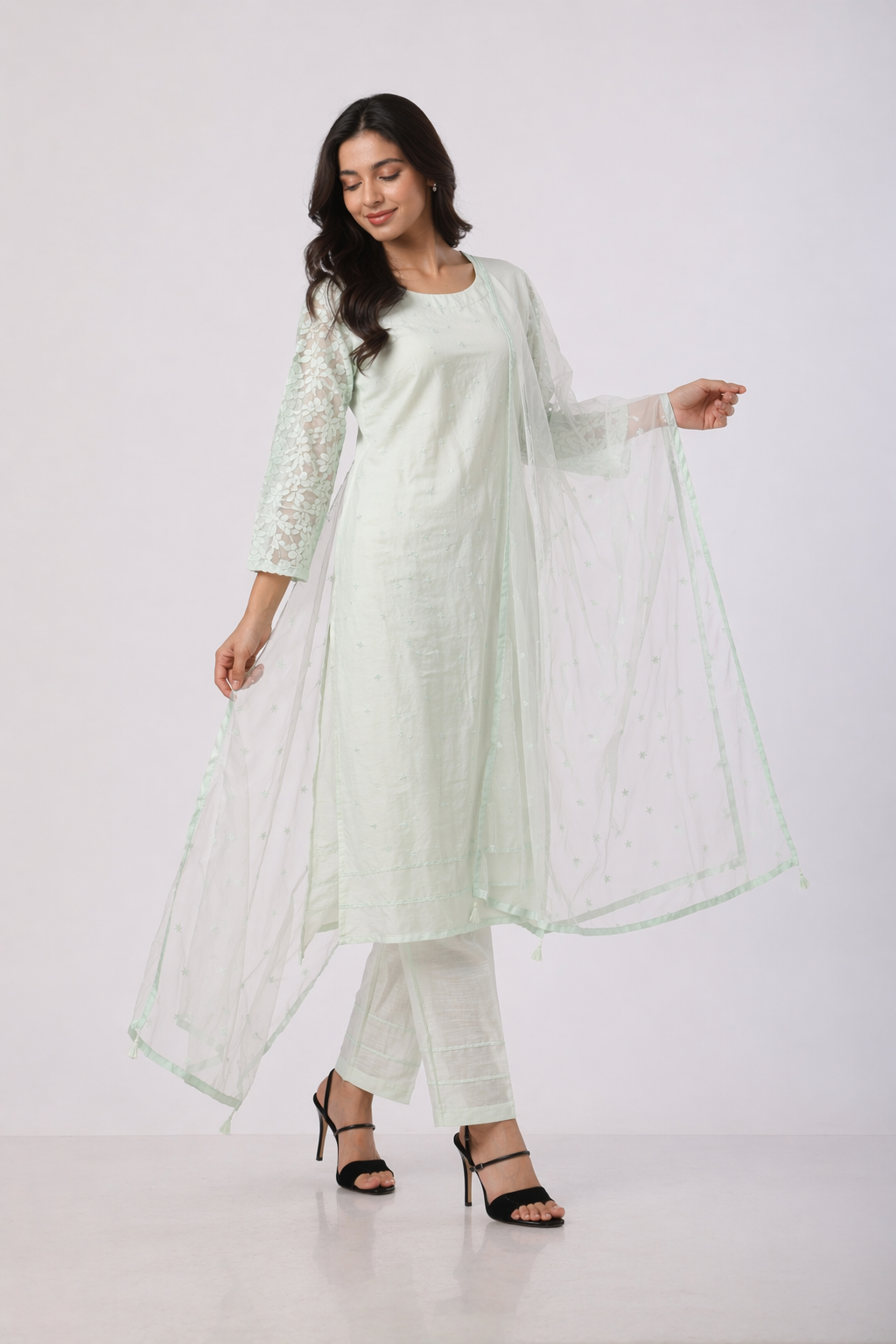 Aqua Dola Silk Kurta Set with Net Dupatta