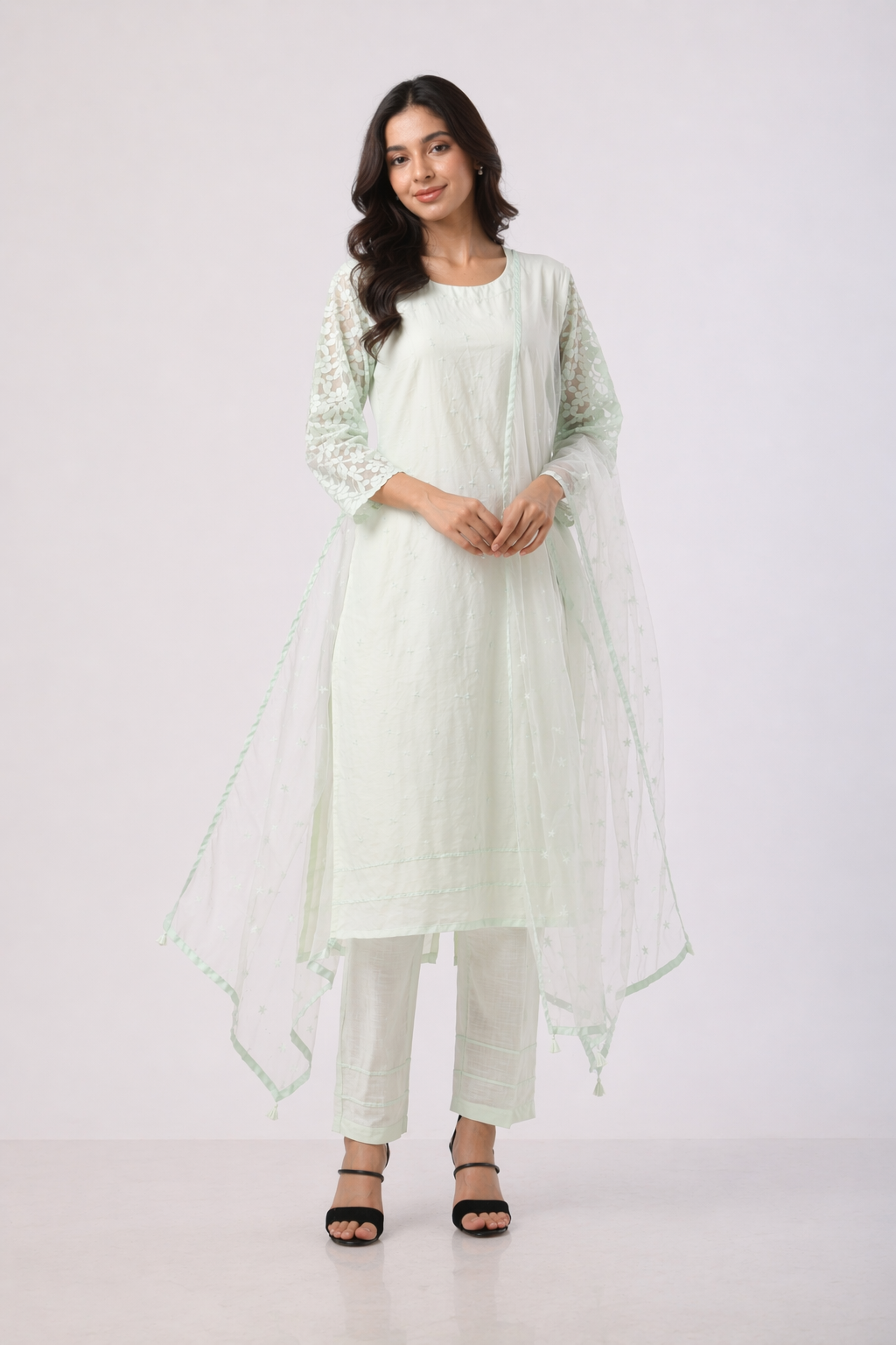 Aqua Dola Silk Kurta Set with Net Dupatta