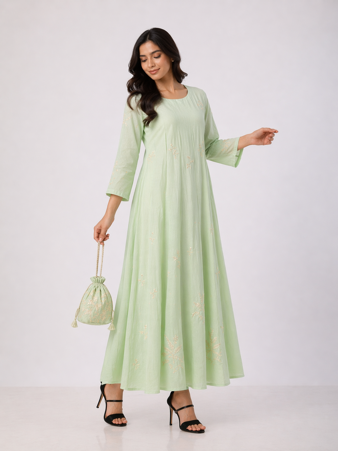 Pista Green Chanderi Anarkali with Aari Work