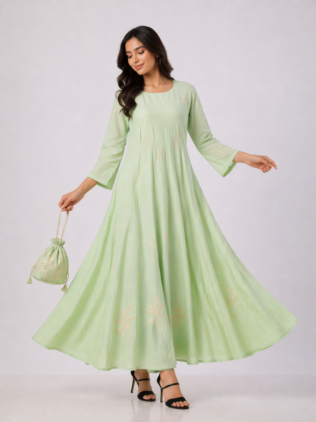 Pista Green Chanderi Anarkali with Aari Work