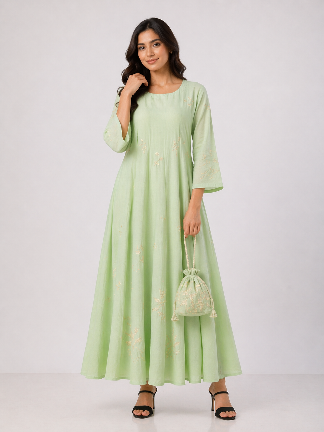 Pista Green Chanderi Anarkali with Aari Work