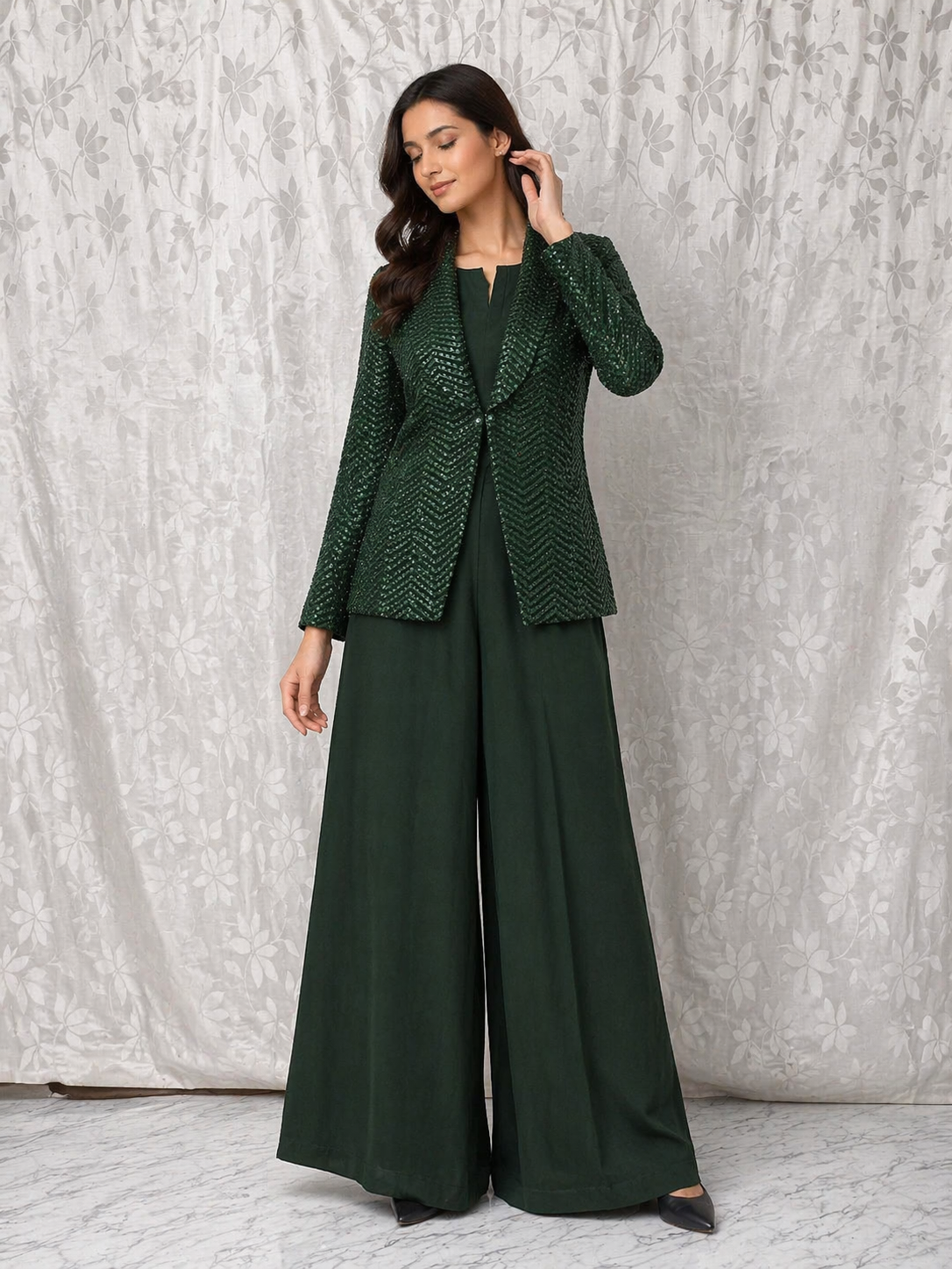 Bottle Green Crepe Jumpsuit Co-ord Set with Net Jacket