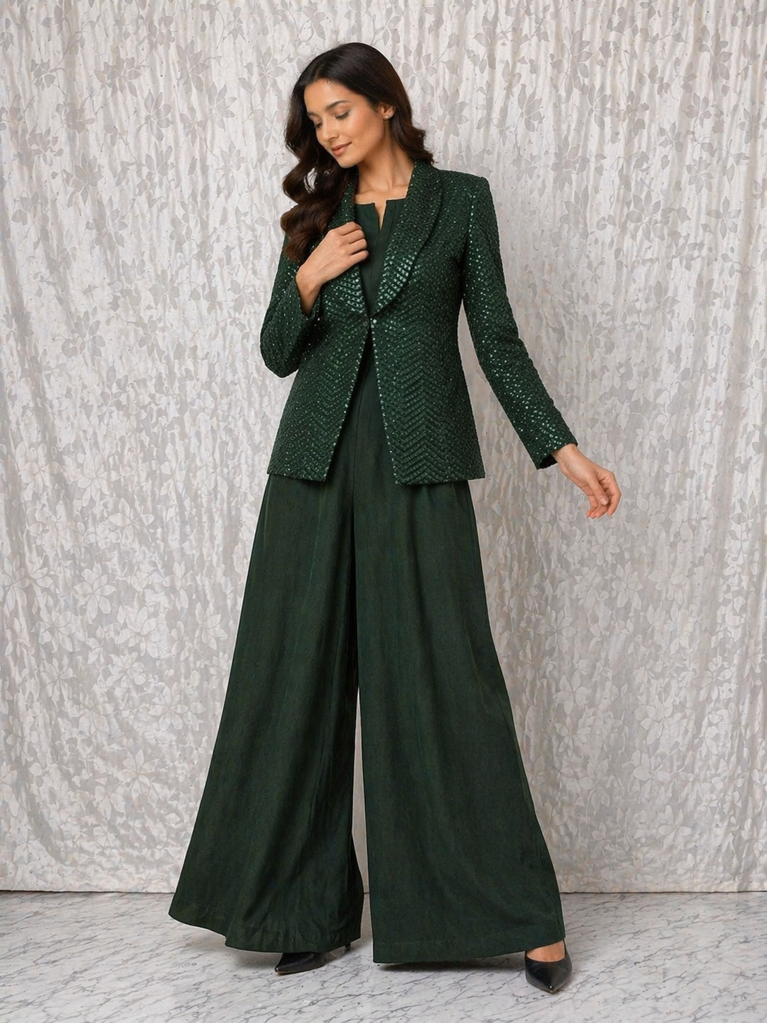 Bottle Green Crepe Jumpsuit Co-ord Set with Net Jacket