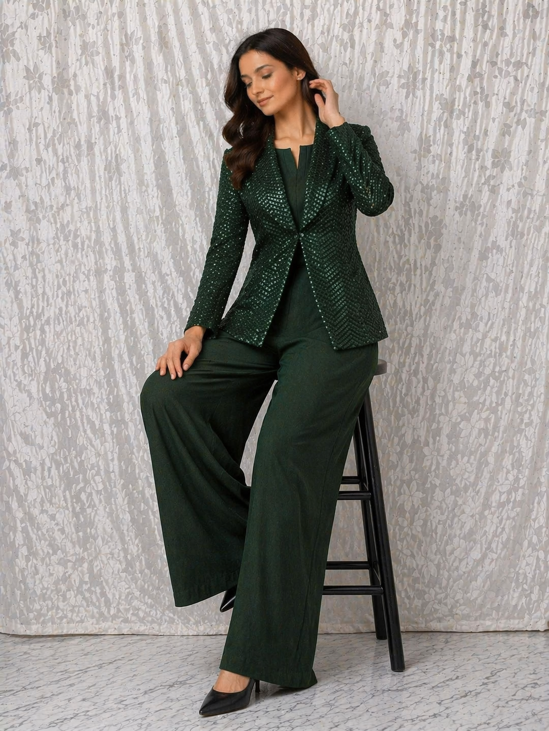 Bottle Green Crepe Jumpsuit Co-ord Set with Net Jacket