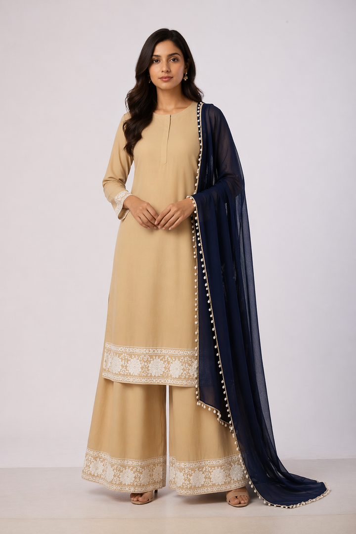 Beige Katan Silk Kurti Set with Palazzo & Navy Blue Chanderi Dupatta
