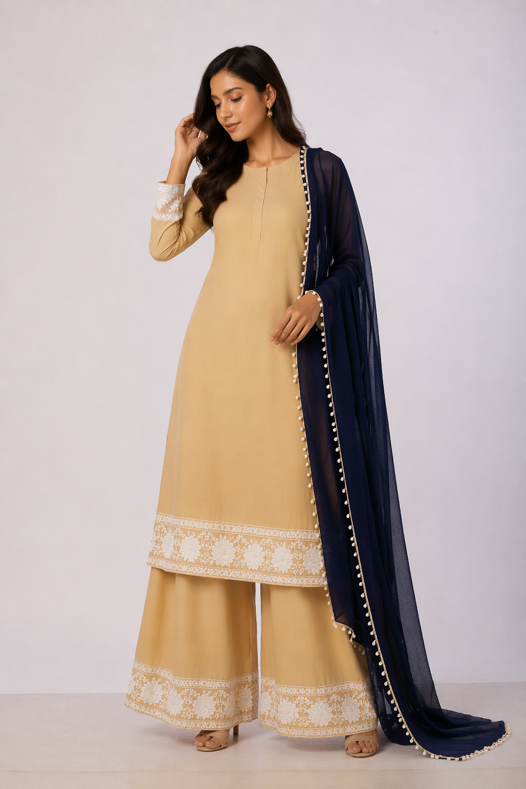Beige Katan Silk Kurti Set with Palazzo & Navy Blue Chanderi Dupatta