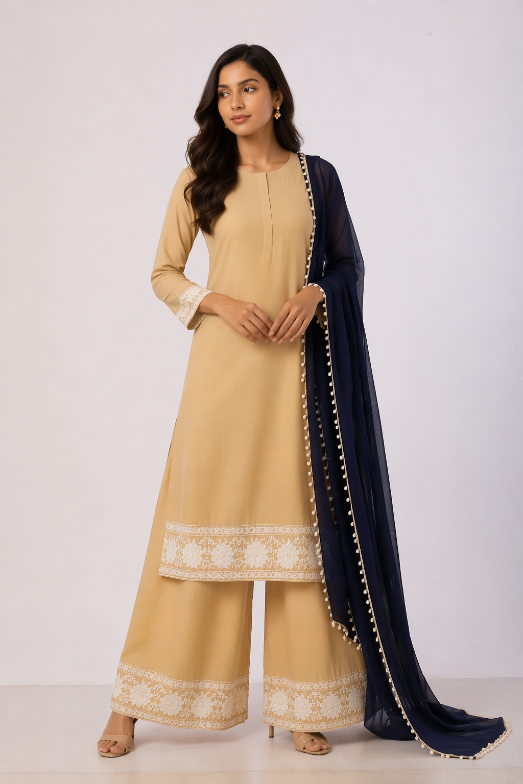 Beige Katan Silk Kurti Set with Palazzo & Navy Blue Chanderi Dupatta