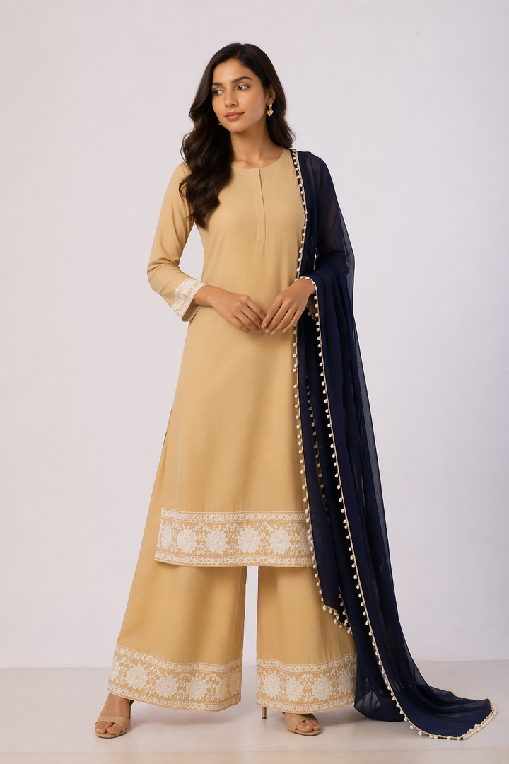 Beige Katan Silk Kurti Set with Palazzo & Navy Blue Chanderi Dupatta