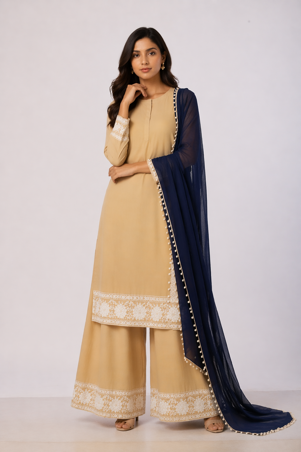 Beige Katan Silk Kurti Set with Palazzo & Navy Blue Chanderi Dupatta