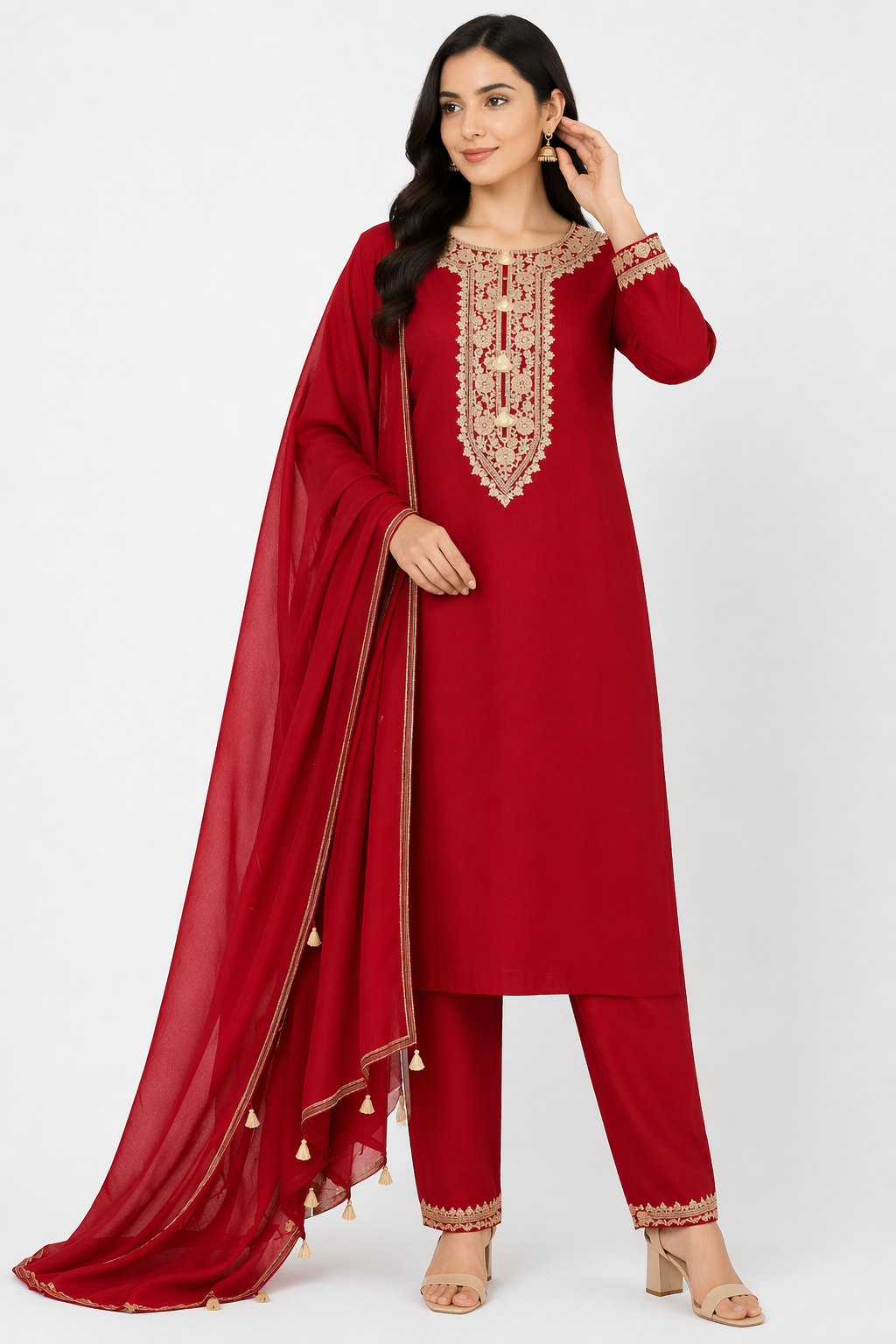 Red Katan Silk Kurti Set with Pant & Chanderi Dupatta