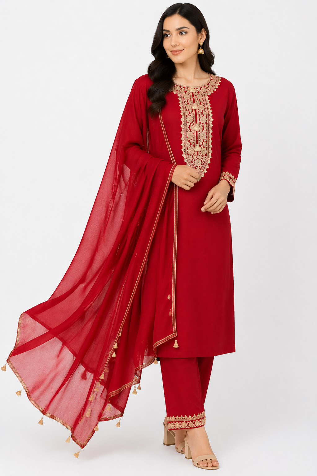 Red Katan Silk Kurti Set with Pant & Chanderi Dupatta
