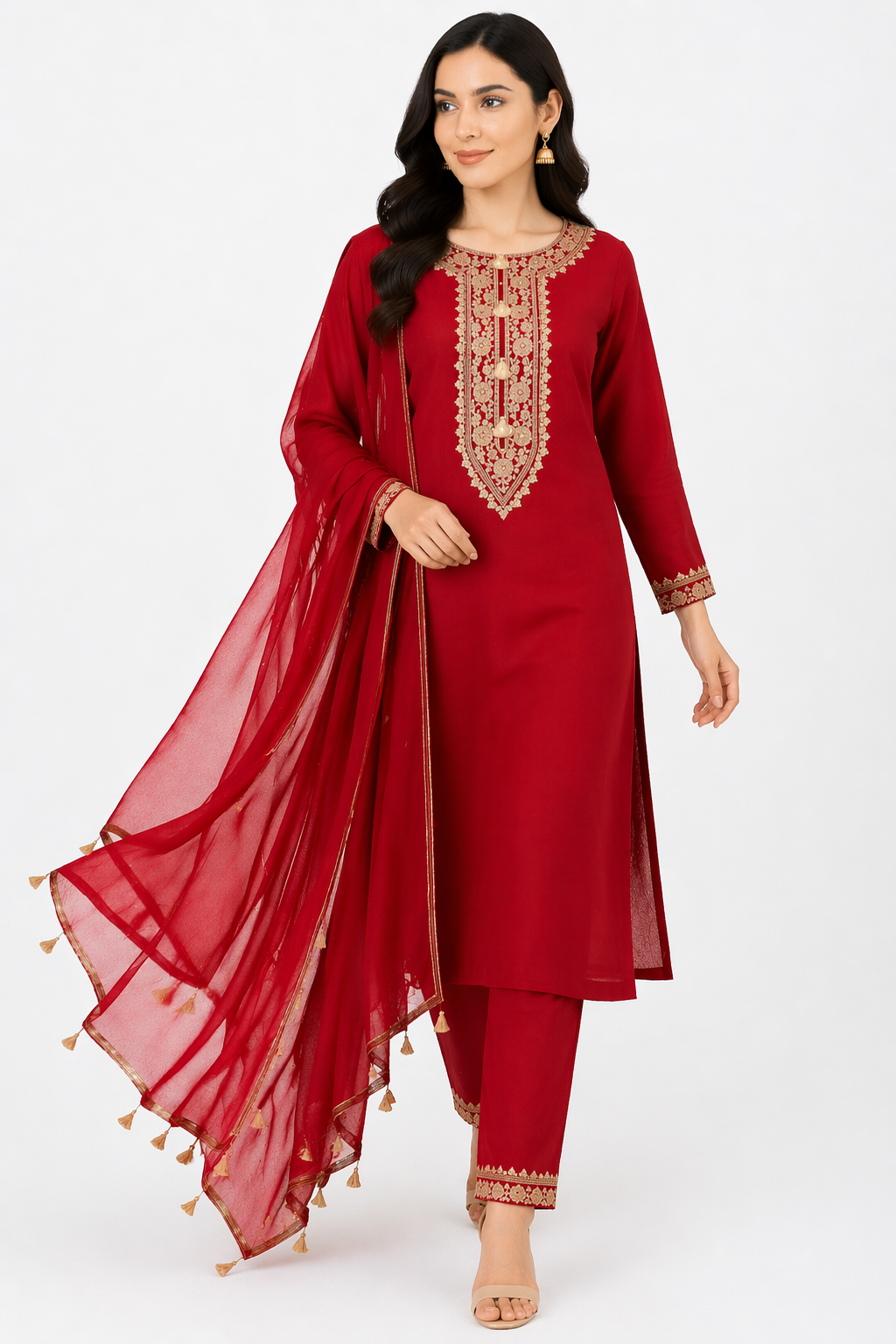 Red Katan Silk Kurti Set with Pant & Chanderi Dupatta