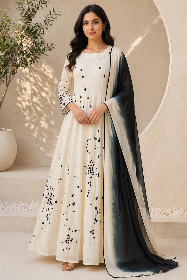 Off White Chanderi Anarkali with Black & Off White Shaded Dupatta
