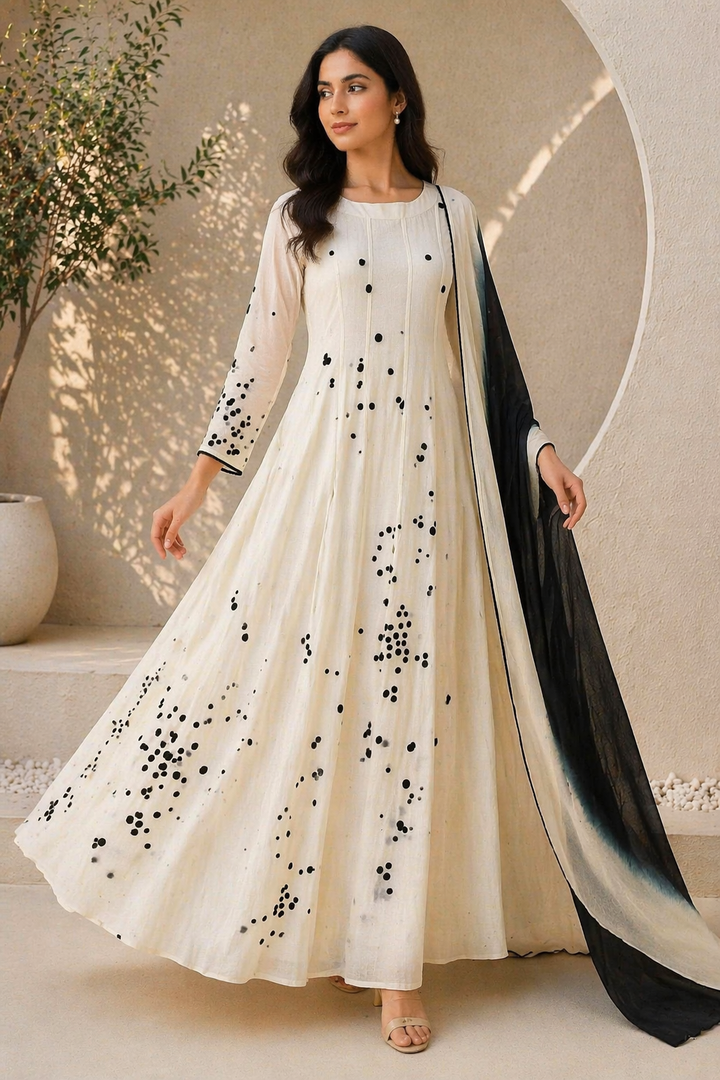 Off White Chanderi Anarkali with Black & Off White Shaded Dupatta