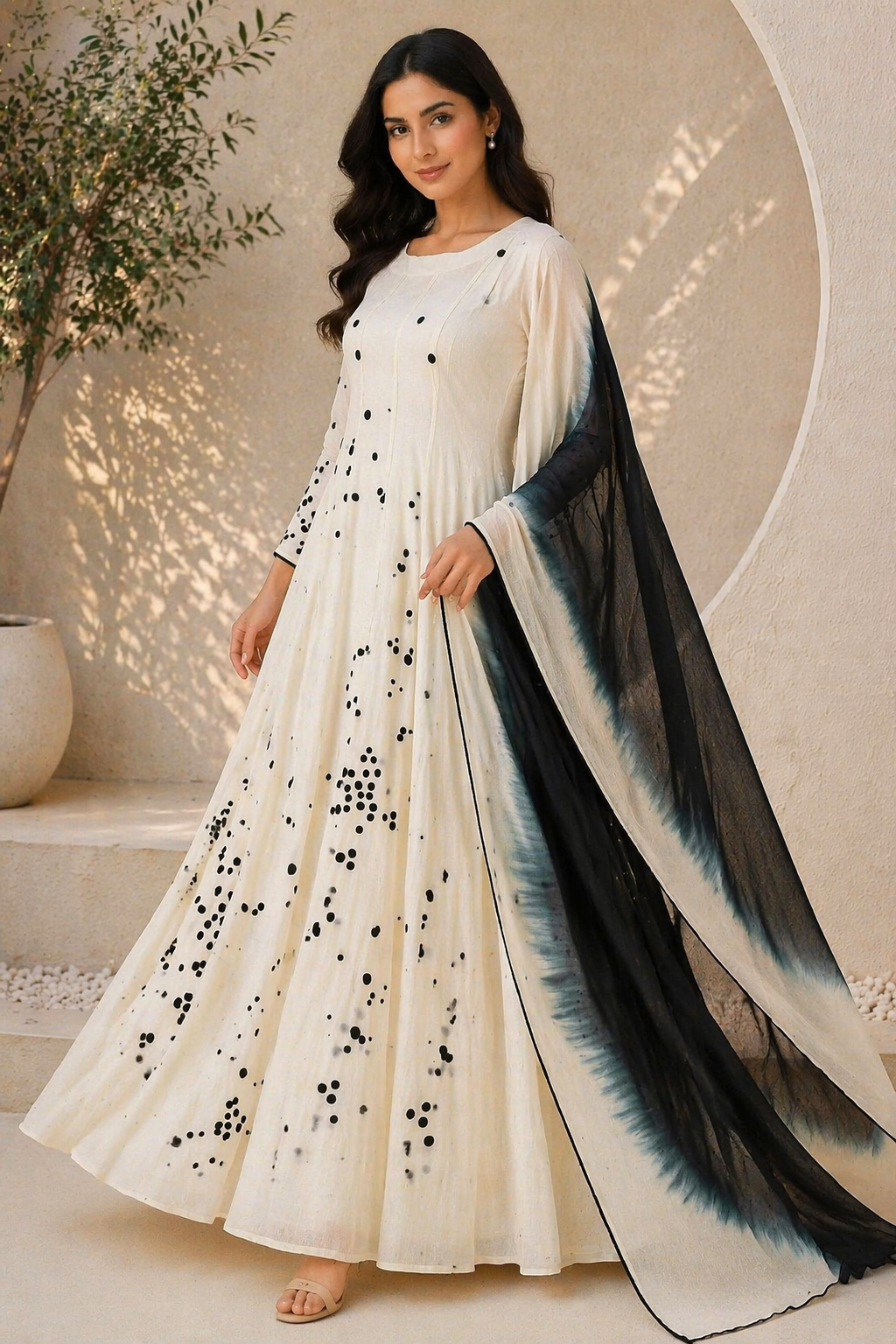 Off White Chanderi Anarkali with Black & Off White Shaded Dupatta