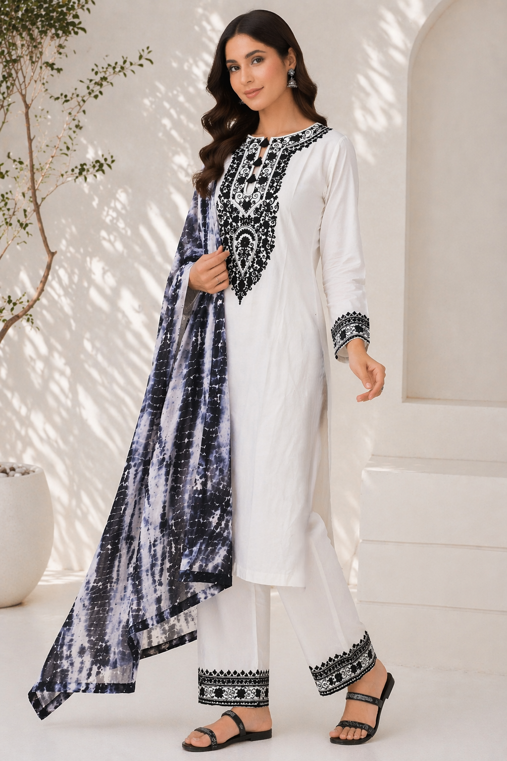 Off White Katan Silk Kurti Set with Palazzo & Chanderi Dupatta