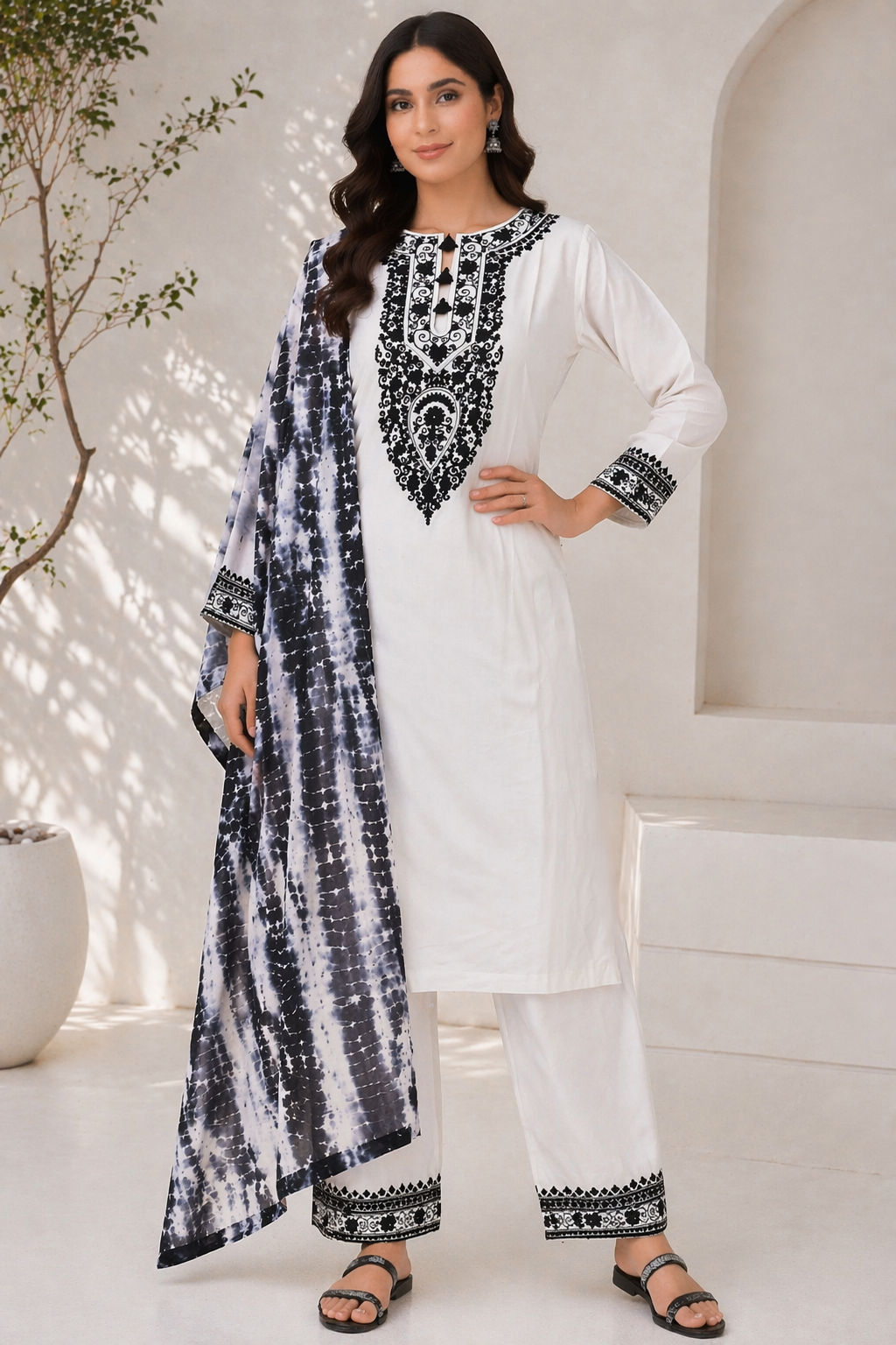 Off White Katan Silk Kurti Set with Palazzo & Chanderi Dupatta