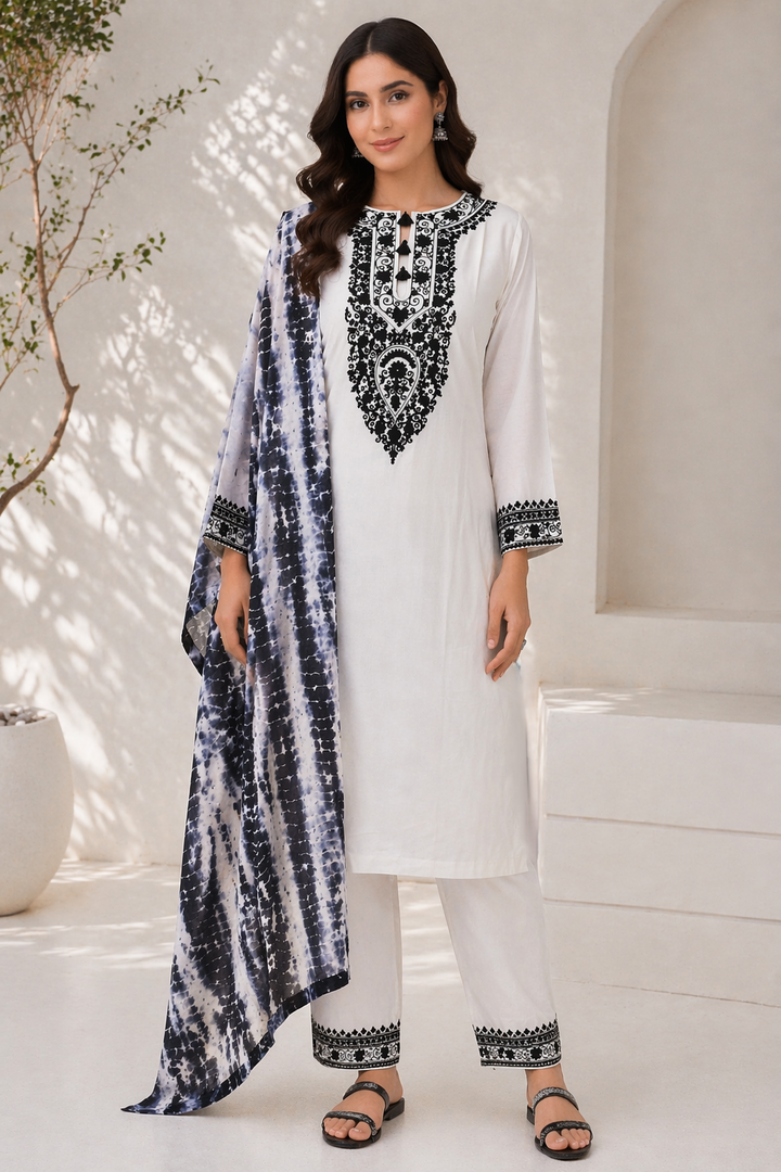 Off White Katan Silk Kurti Set with Palazzo & Chanderi Dupatta