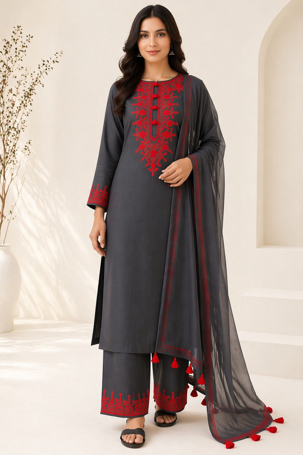 Black Katan Silk Kurti Set with Palazzo & Chanderi Dupatta