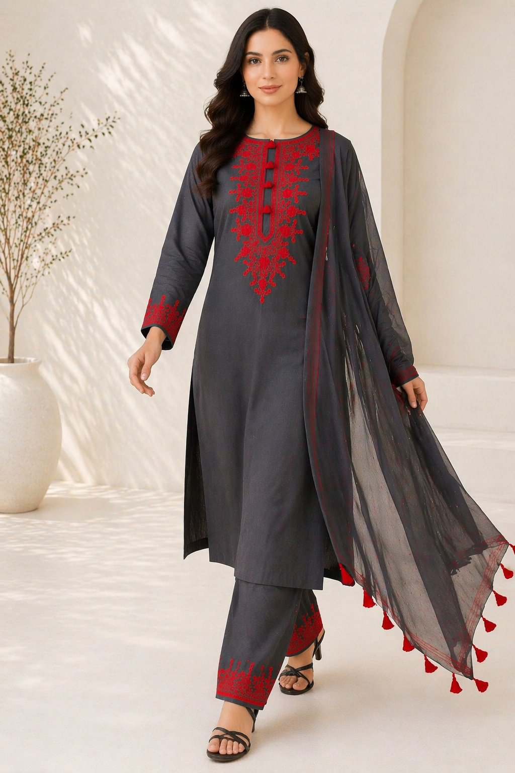 Black Katan Silk Kurti Set with Palazzo & Chanderi Dupatta